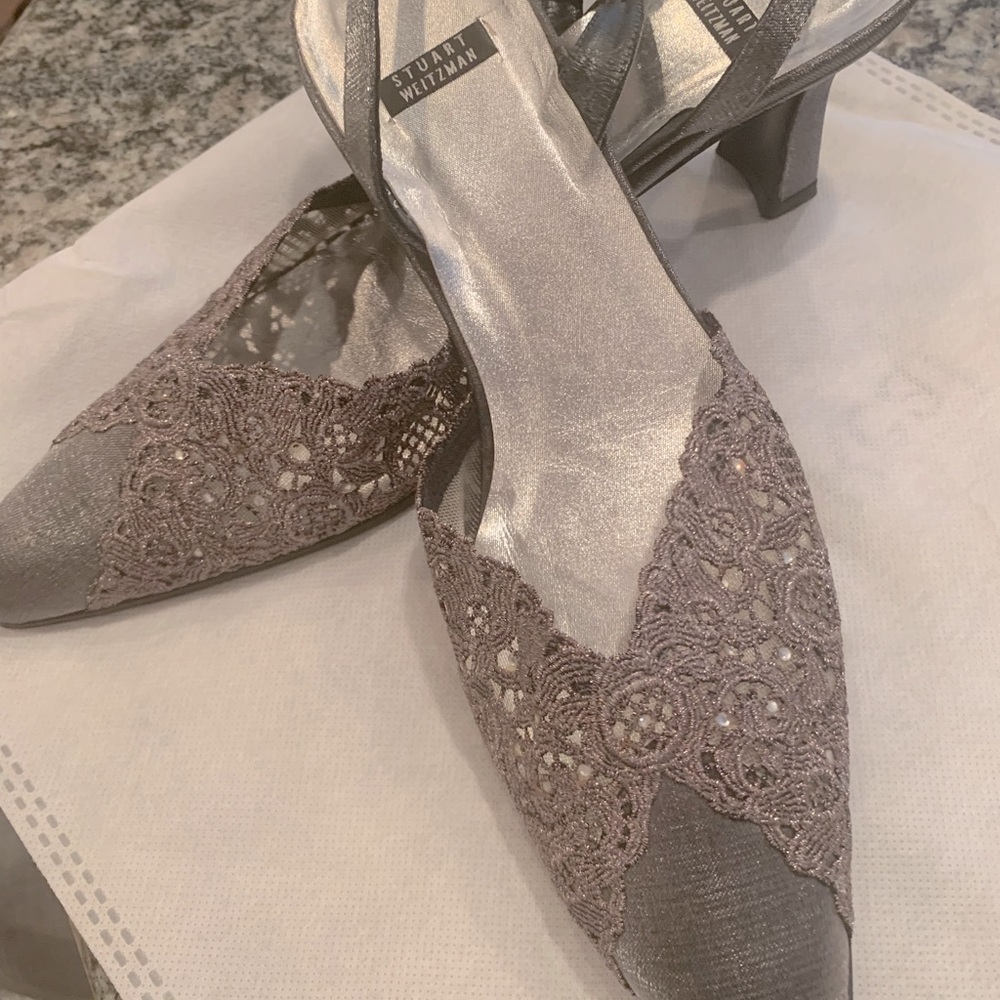 Stuart Weitzman Metallic Lace Slingback Heels